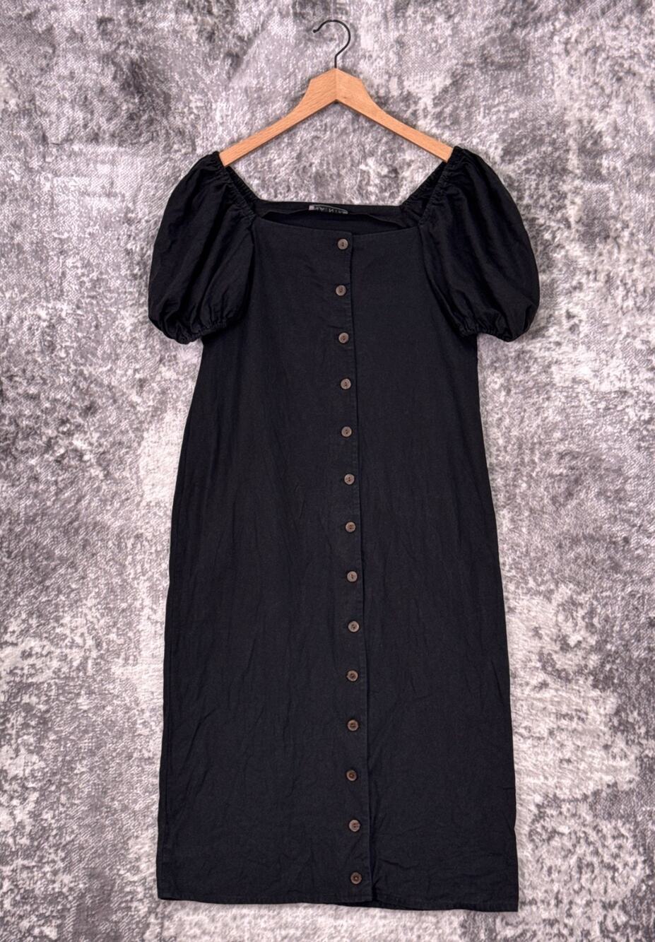 Na Nin Dress Small / Medium Womens Black Raw Linen Button Front Midi